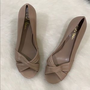 Cole Hann | Mauve leather cross over wedge heel